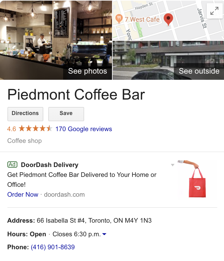 Example of the Google knowledge panel for a coffee shop