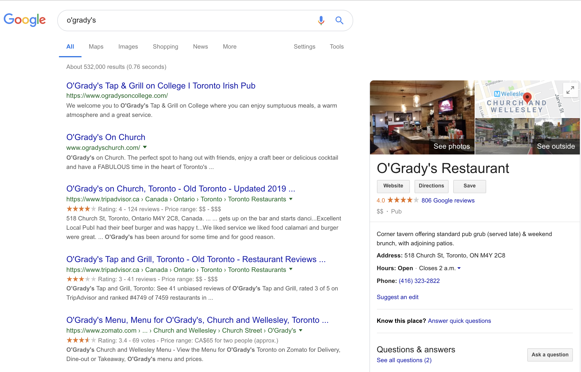Example of how online reviews left for a restaurant by customers show up in Google search.